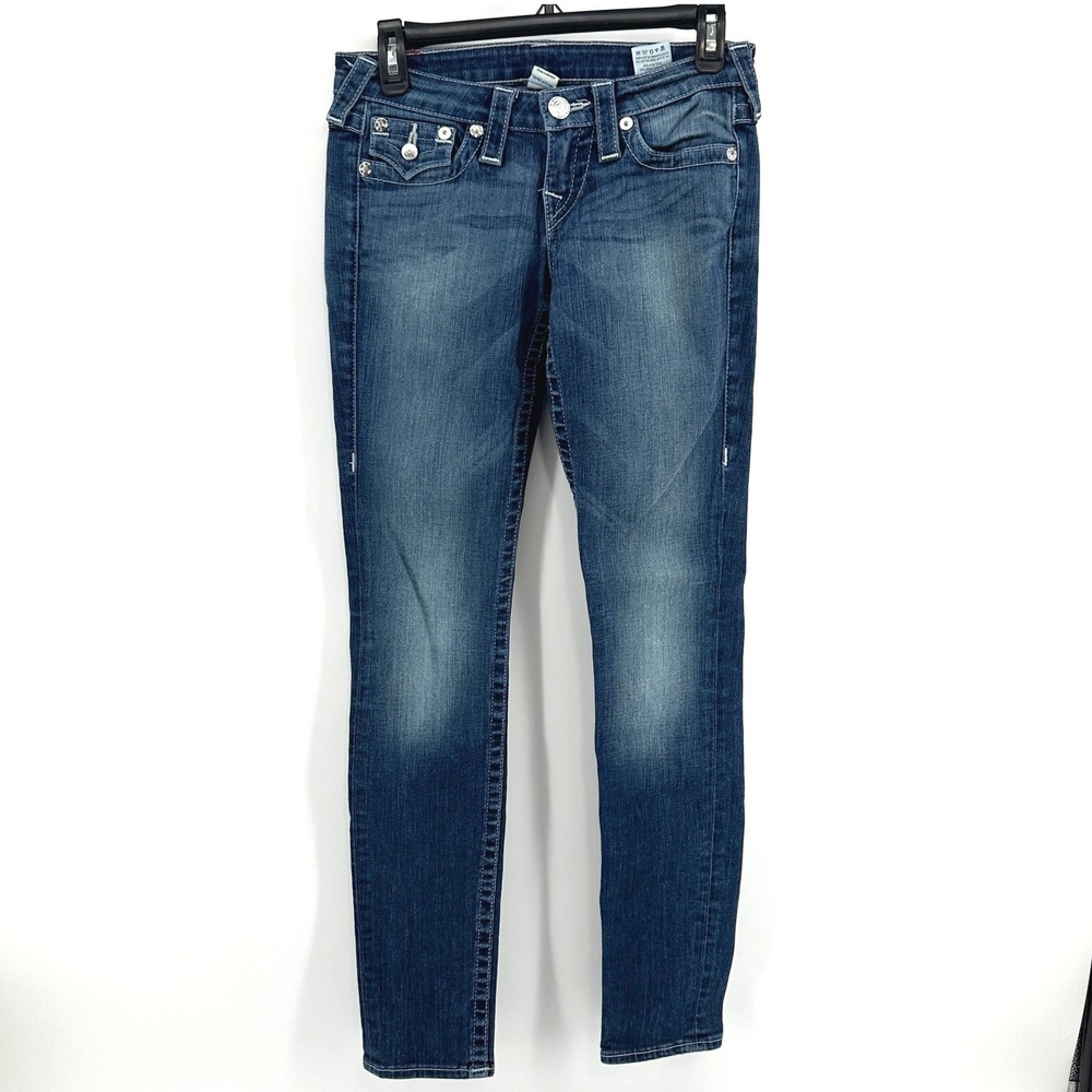 True Religion Skinny W Flap Jeans Women 26 Blue Solid Slim Fit Y2K DHBD